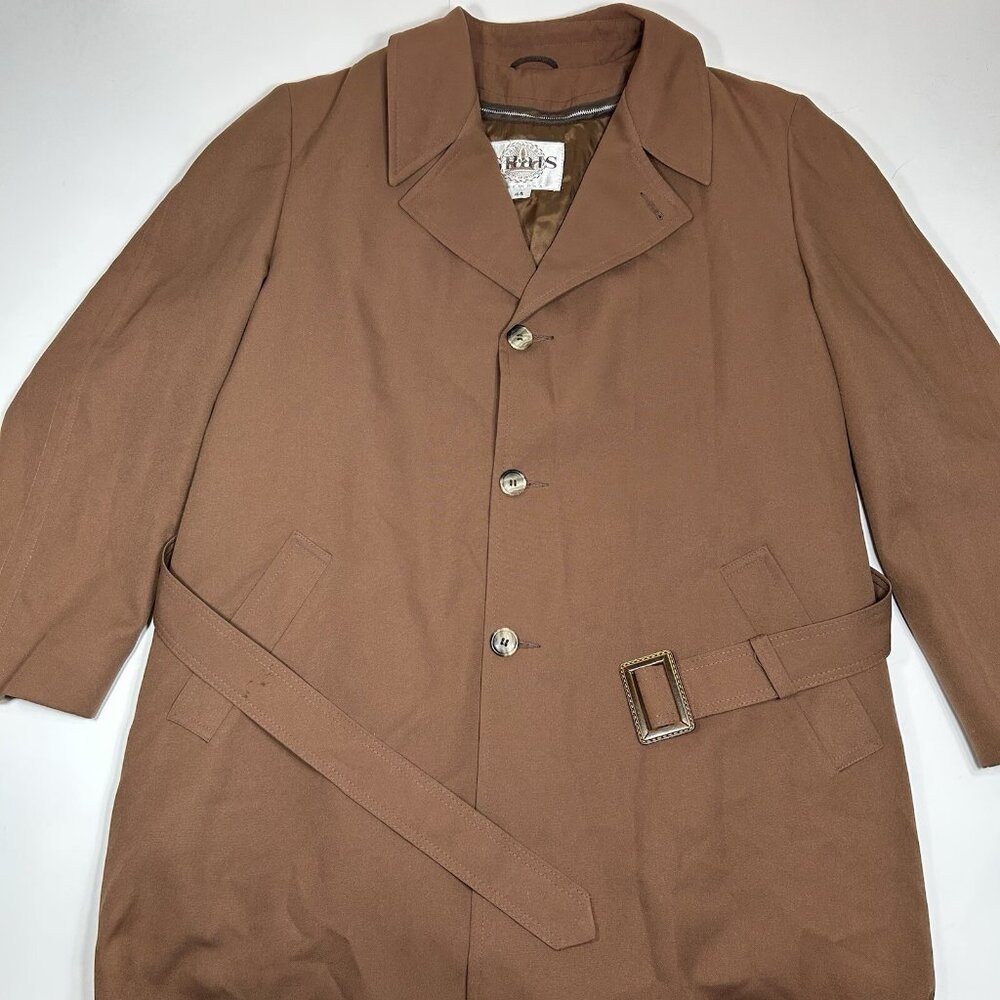 Vtg Grais Sportwear Trench Coat Men Brown Polyester Button Down Fleece Lined 44